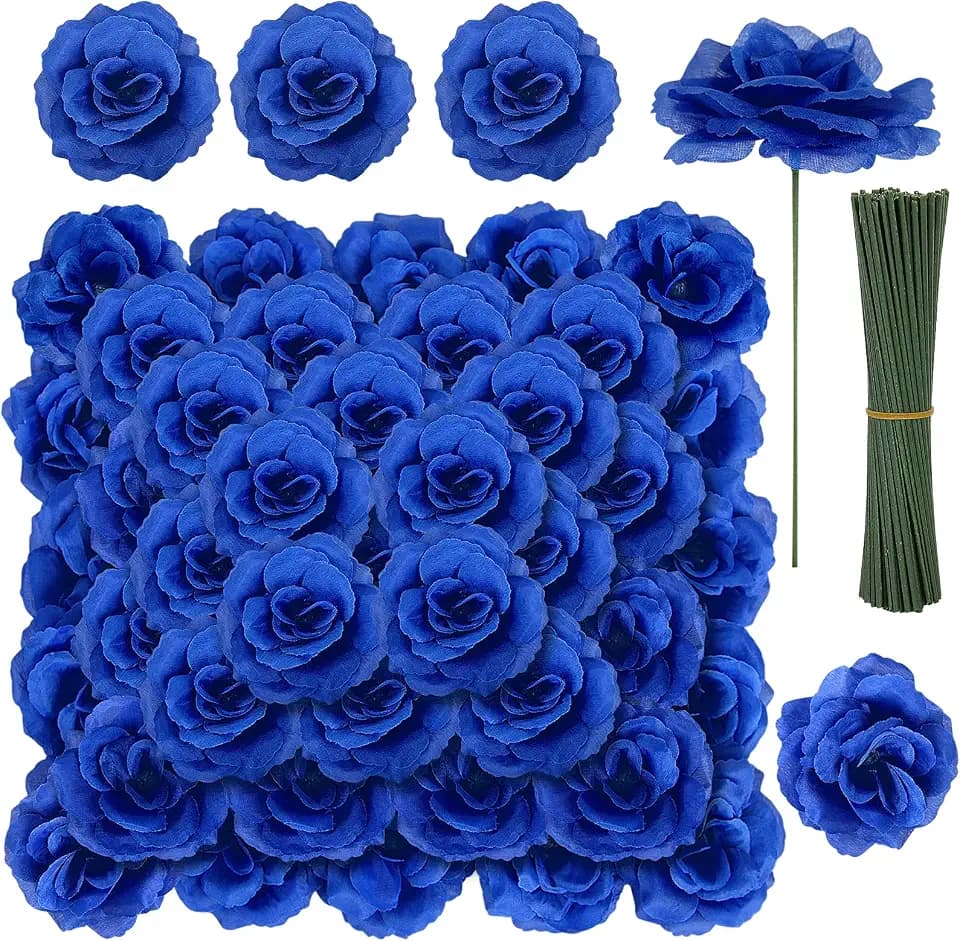 LELEE 108pcs Roses Head Flowers with Stems, Royal Blue Faux Flowers Rose