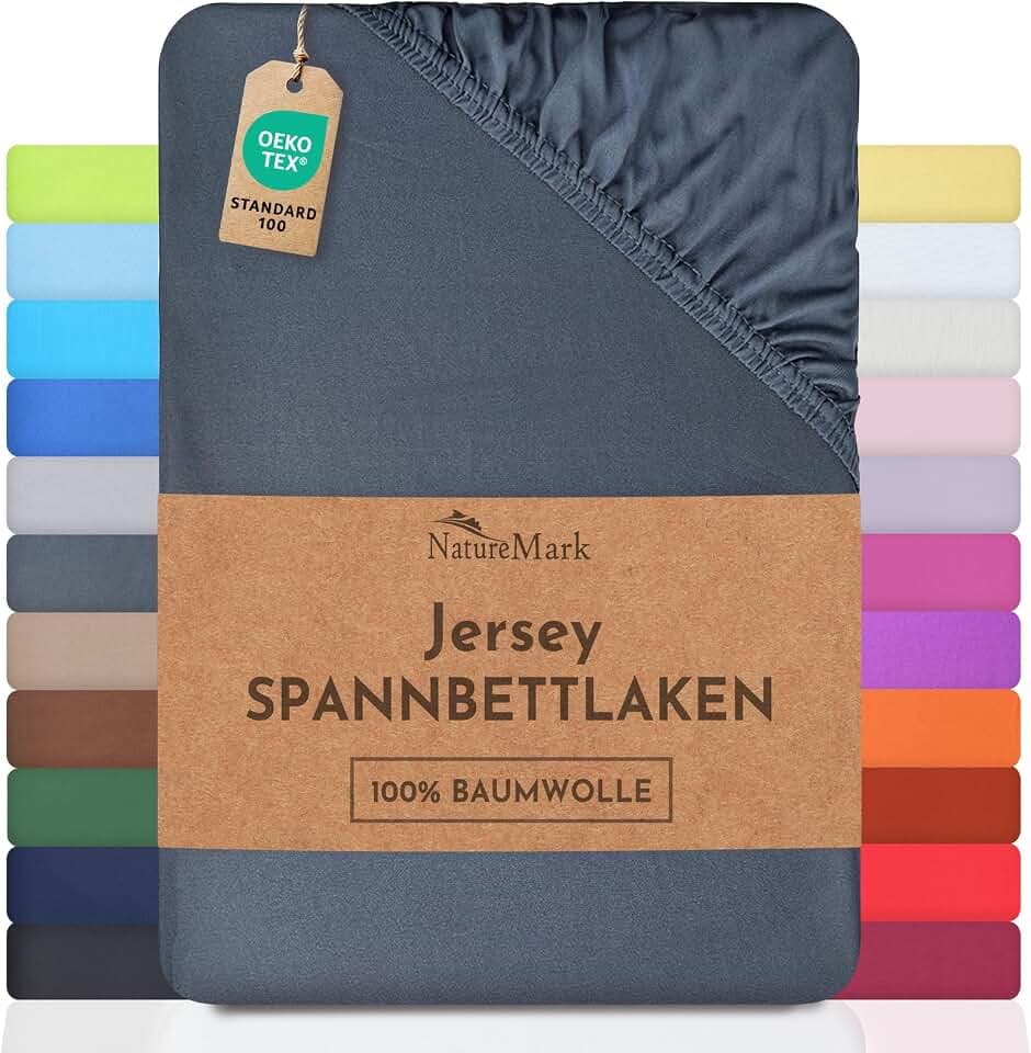 NatureMark Jersey Spannbettlaken, Spannbetttuch 100% Baumwolle in vielen Größen und Farben MARKENQUALITÄT ÖKOTEX Standard 100 | 90 x 200 cm - 100 x 200 cm - anthrazit grau