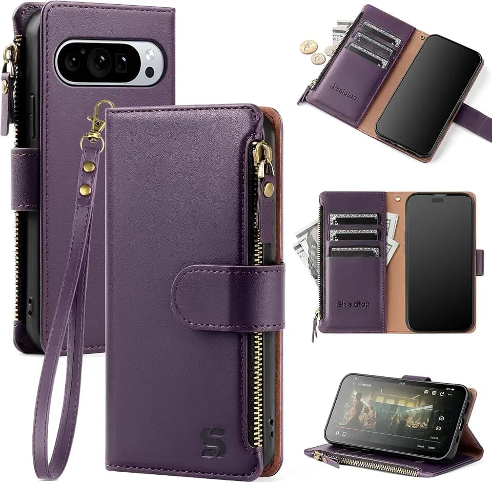 Shieldtop Compatible with Google Pixel 9 5G Wallet Case with Card Holder,Women Men RFID Blocking PU Leather Flip Cover Wrist Strap Zipper Credit Card Slots,Phone Case for Pixel 9 Pro 6.3",Dark Purple