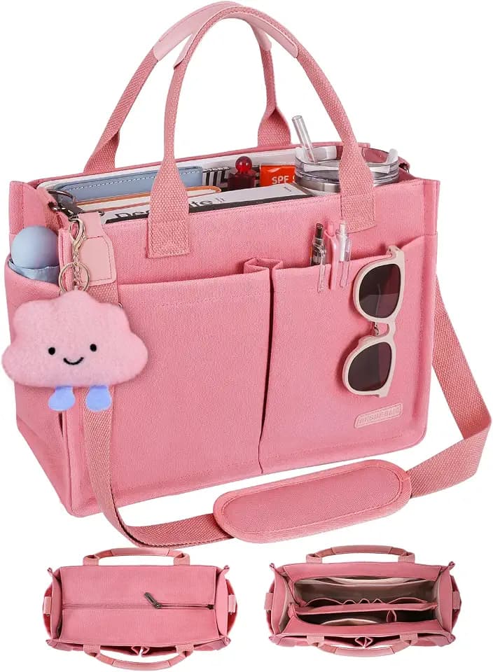 BESBESME Canvas Tote Bag for Women with Zipper, Work Laptop Purse with Compartments & Luggage Sleeve, Adjustable Strap