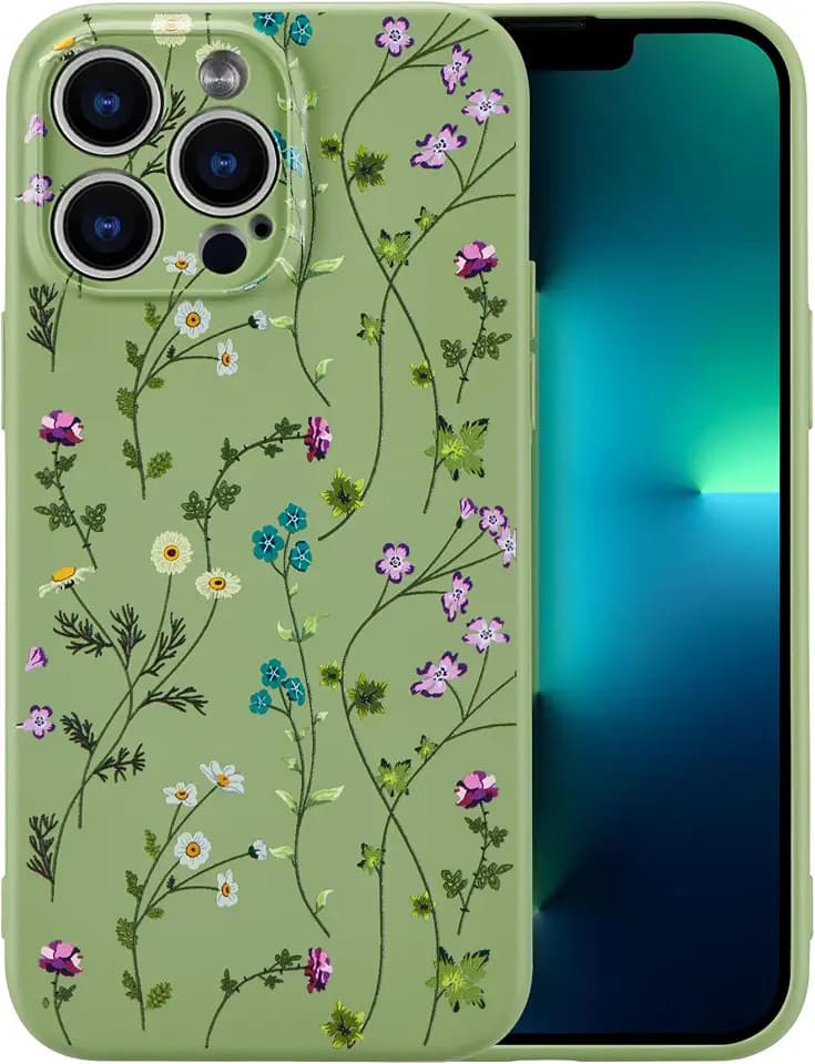RALEAVO Floral Case for iPhone 13 Pro Silicone Cute Cover for Women,Green