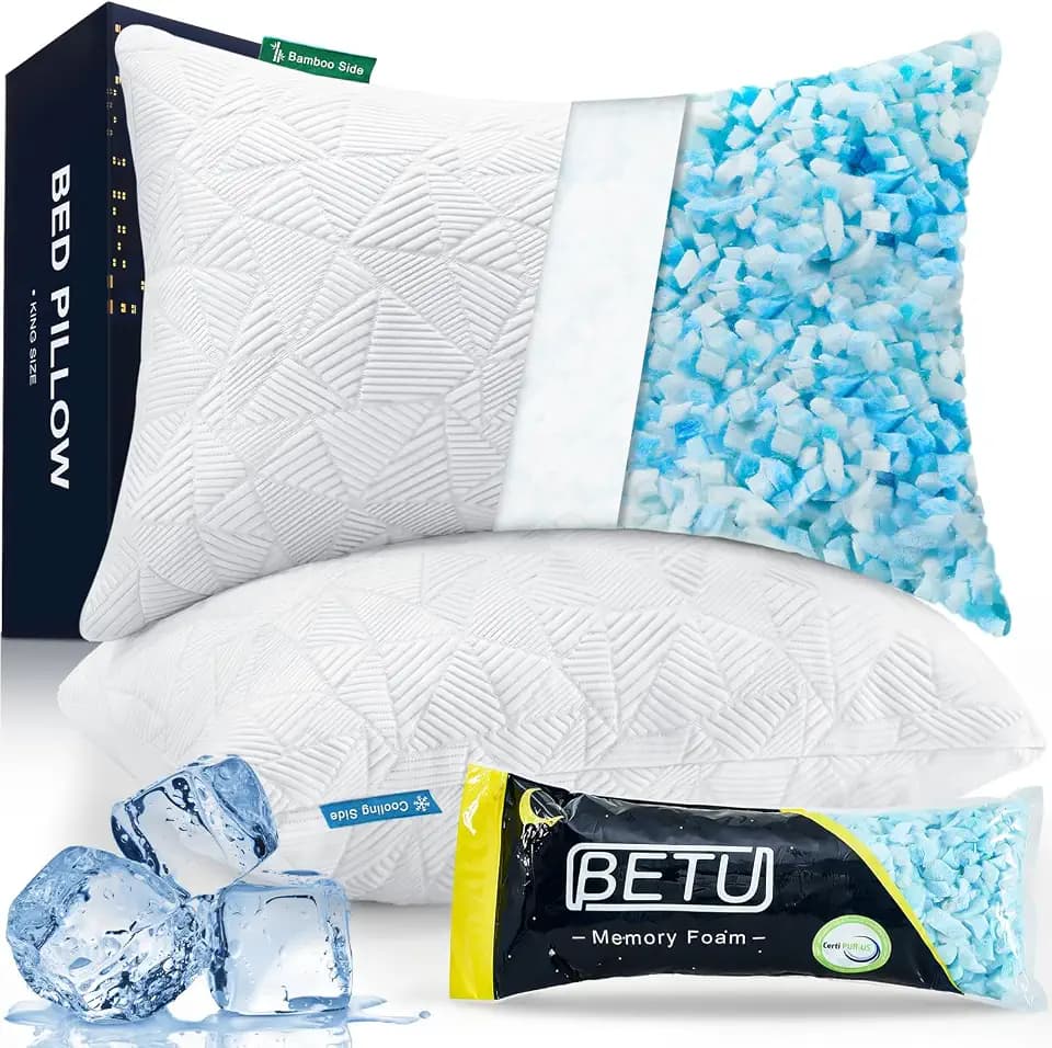 BETU Cooling Pillows Queen Size Set of 2, Shredded Memory Foam Pillows Cool for Hot Sleepers, Adjustable Firm Soft Support Bed Pillows Perfect for Back Neck Pain and Side Sleeping with Cover, White