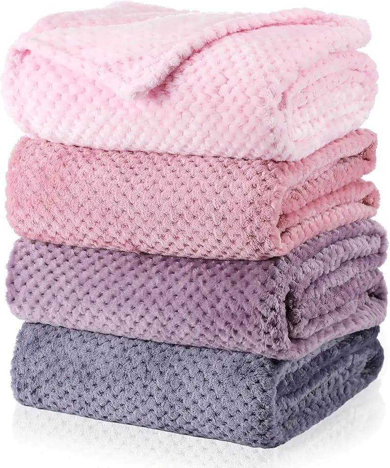 Newwiee 4 Pcs Fleece Throw Blanket, 3D Waffle Textured, Gradient Purple