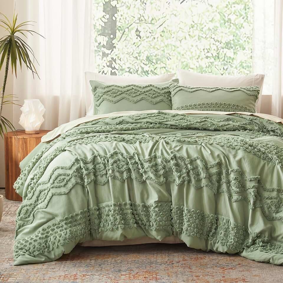 Luxudecor Sage Green Tufted Comforter Set, 3 Pieces Queen Boho Bedding Set