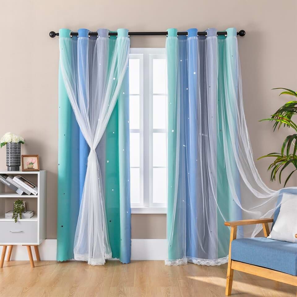 XiDi Blue Green Grey Curtains for Girls Bedroom Decor Kids Blackout Curtains for Nursery Room Darkening Rainbow Princess Unicorn Wall Decals Little Girl 52x45 Inches Long 2 Panels Set
