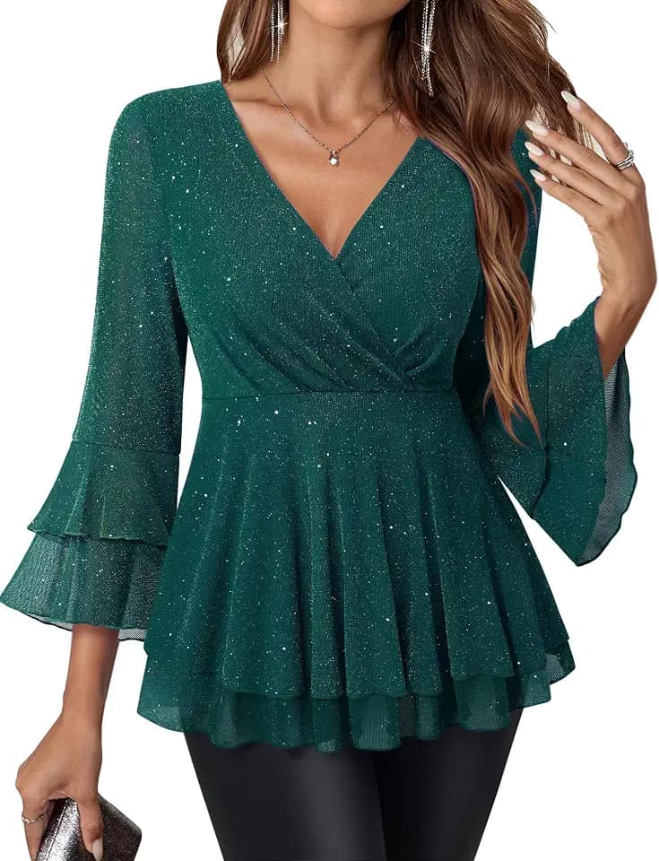 Lotusmile Women's Dressy Blouses Ruffle 3/4 Sleeve Peplum Sparkly Tops