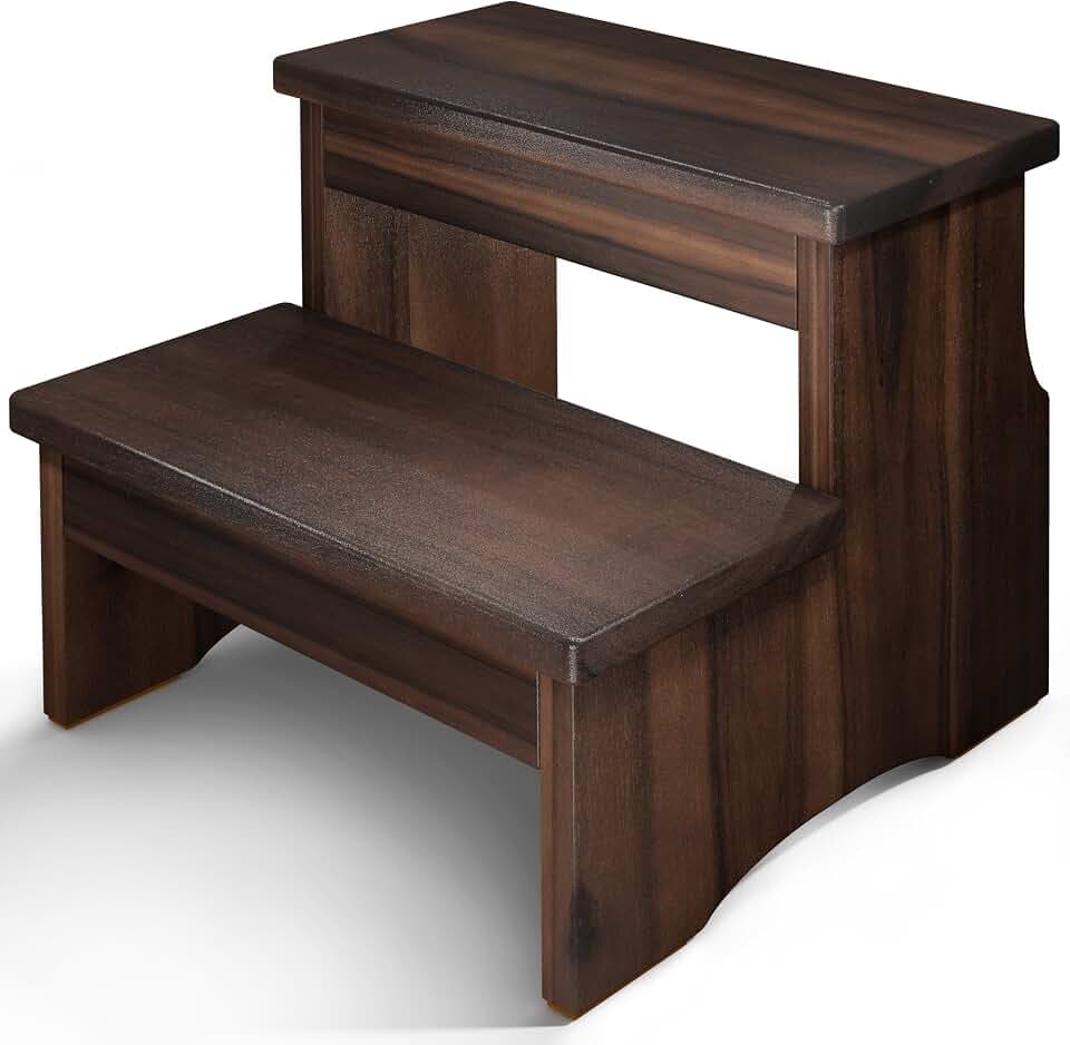 FANATU Wooden Two Step Stool for Adults, Heavy Duty Acacia Wood Bed Step