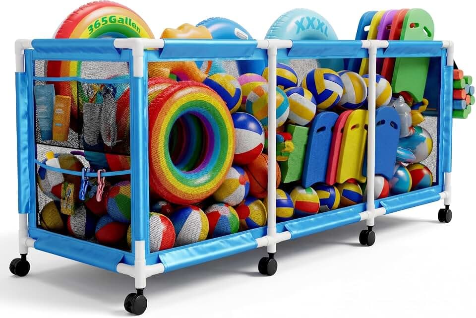 Jotesnew 365 Gallon 103" Pool Storage Bin XXXL Extra Large Swimming Pool Float Storage Bin, Pool Noodles Holder, Toys, Floats and Balls Mesh Rolling Storage Organizer Bin, 103" Lx32 Wx35 H (Blue)