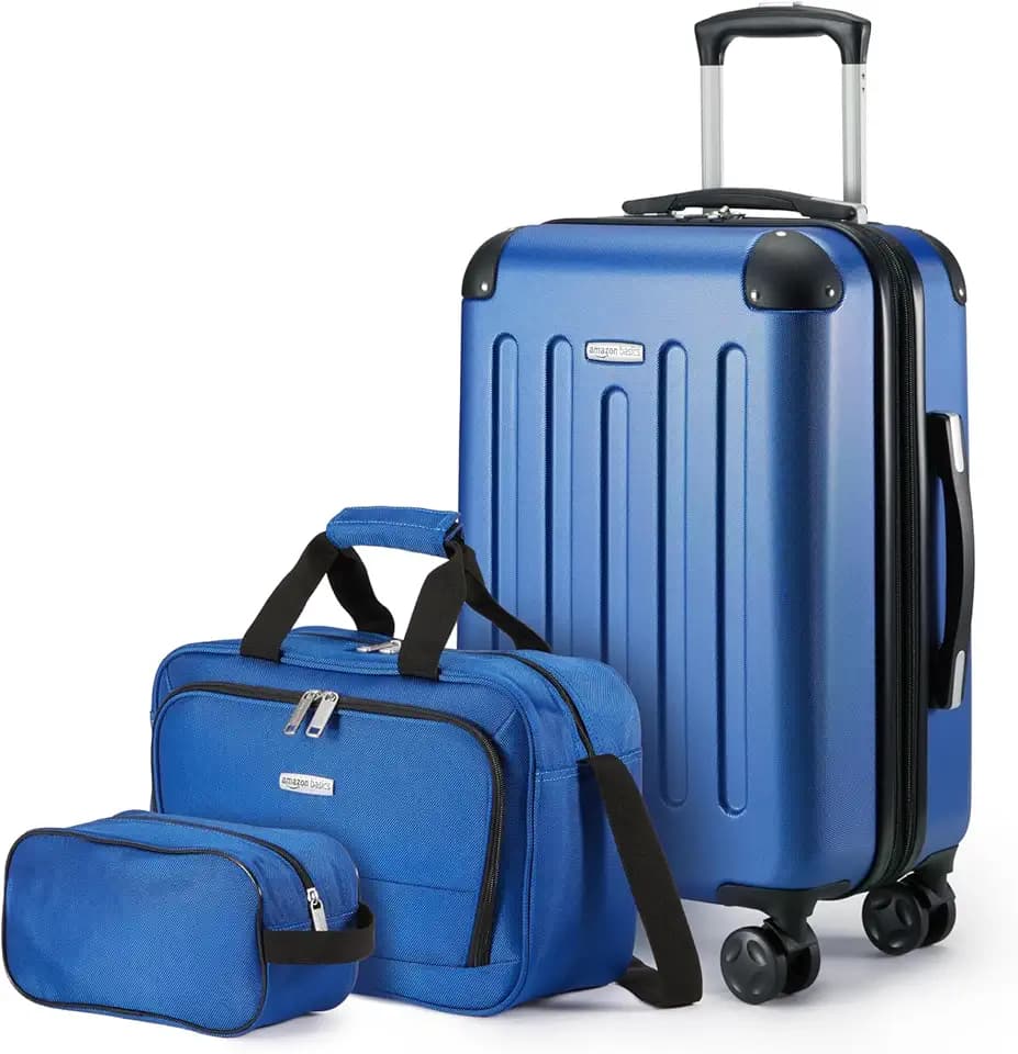 Amazon Basics 3-Piece Luggage Set with Spinner Wheels, Including 22" Expandable Hardside Suitcase, 15-inch Tote Bag, and 10-inch Compact Travel Bag, Navy Blue