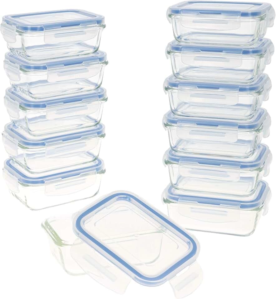 AKTIVE Max Home 12 Stück luftdichte Glasbehälter 330 ml, mikrowellengeeignetes Glas, Lebensmittelbehälter mit luftdichtem Verschluss, Lebensmittelbehälter, rechteckige Form (42)