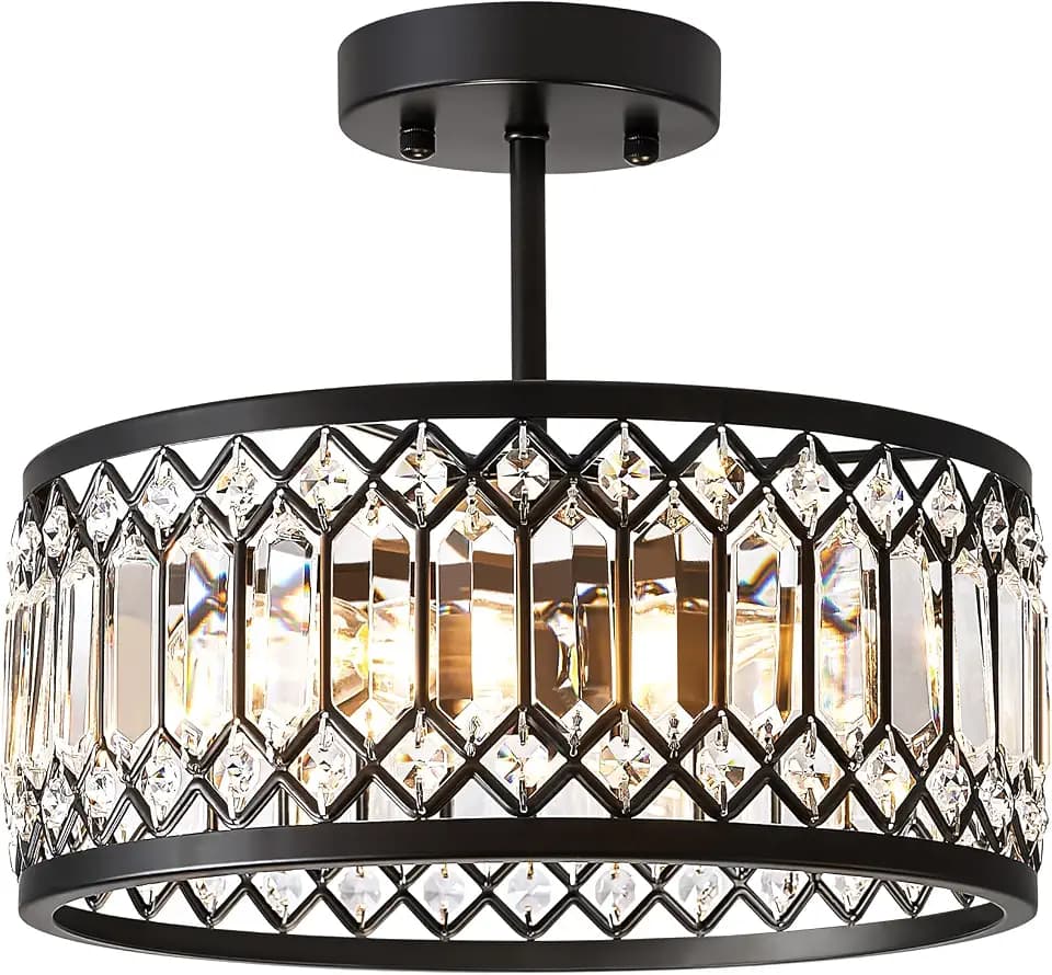 Pevfah Crystal Black Ceiling Light, 3-Light Semi Flush Light Fixture, 12 in