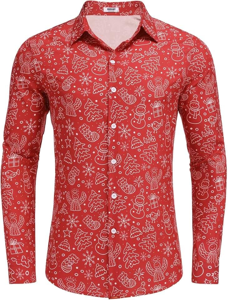 COOFANDY Herren Weihnachts Hemd Langarm Lustig Funky Weihnachtshemd Rot XL