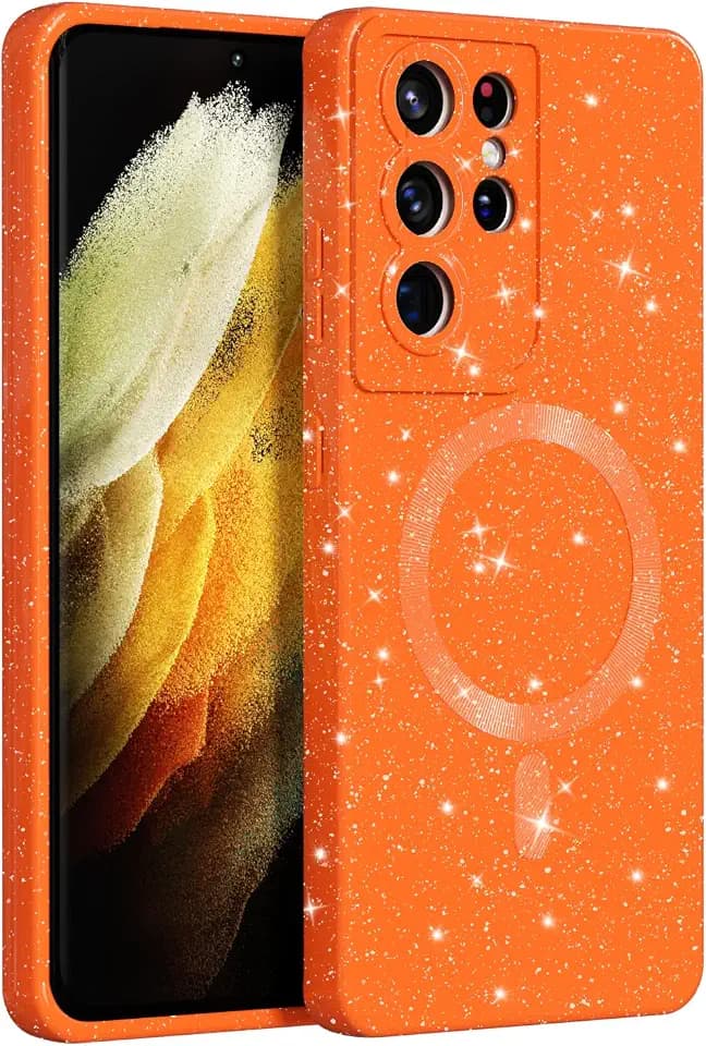MINSCOSE for Samsung Galaxy S21 Ultra Case Magnetic Compatible with Magsafe,Cute Neon Glitter Super Vibrant Shiny Bling Sparkly Glossy Girly Case with Thin Slim Camera Protection for Women-Orange
