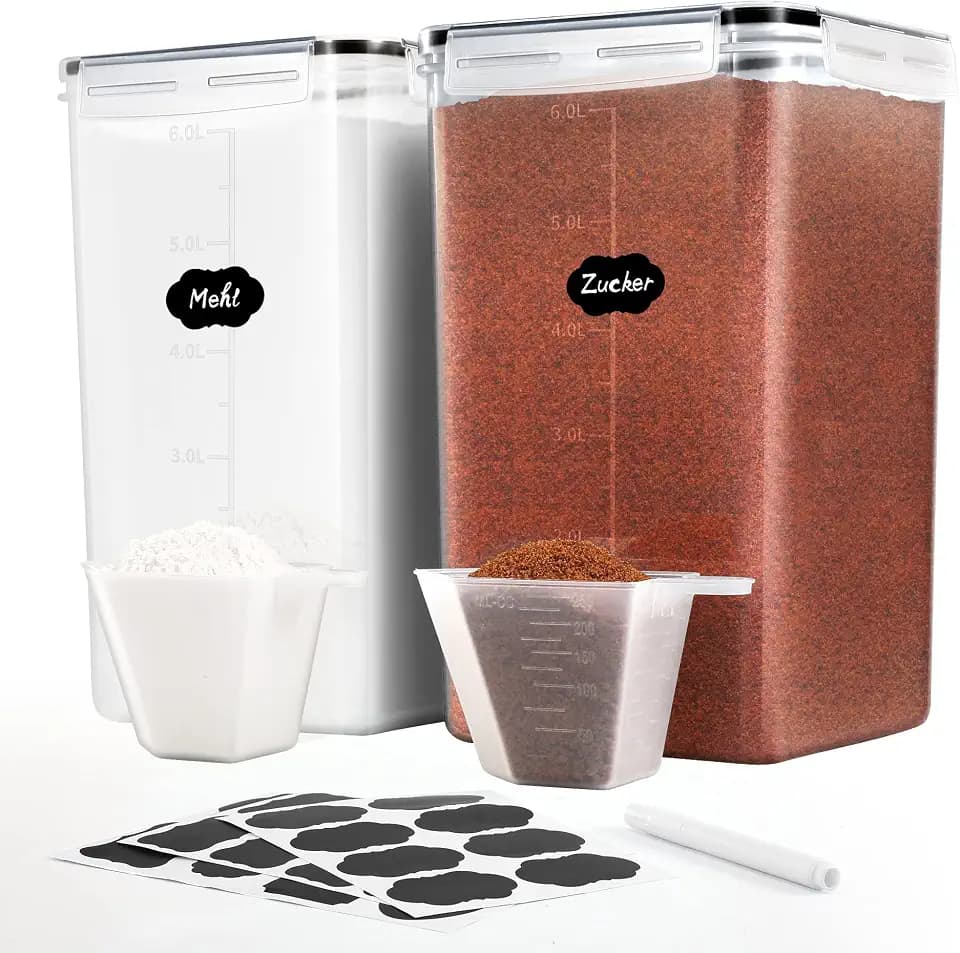 6,5L Groß Vorratsdosen mit Deckel Luftdicht 2er Set, Etiketten und Löffel, BPA Frei Plastik Aufbewahrungsbox Küche Organizer, Zucker Mehl Aufbewahrung Vorratsbehälter