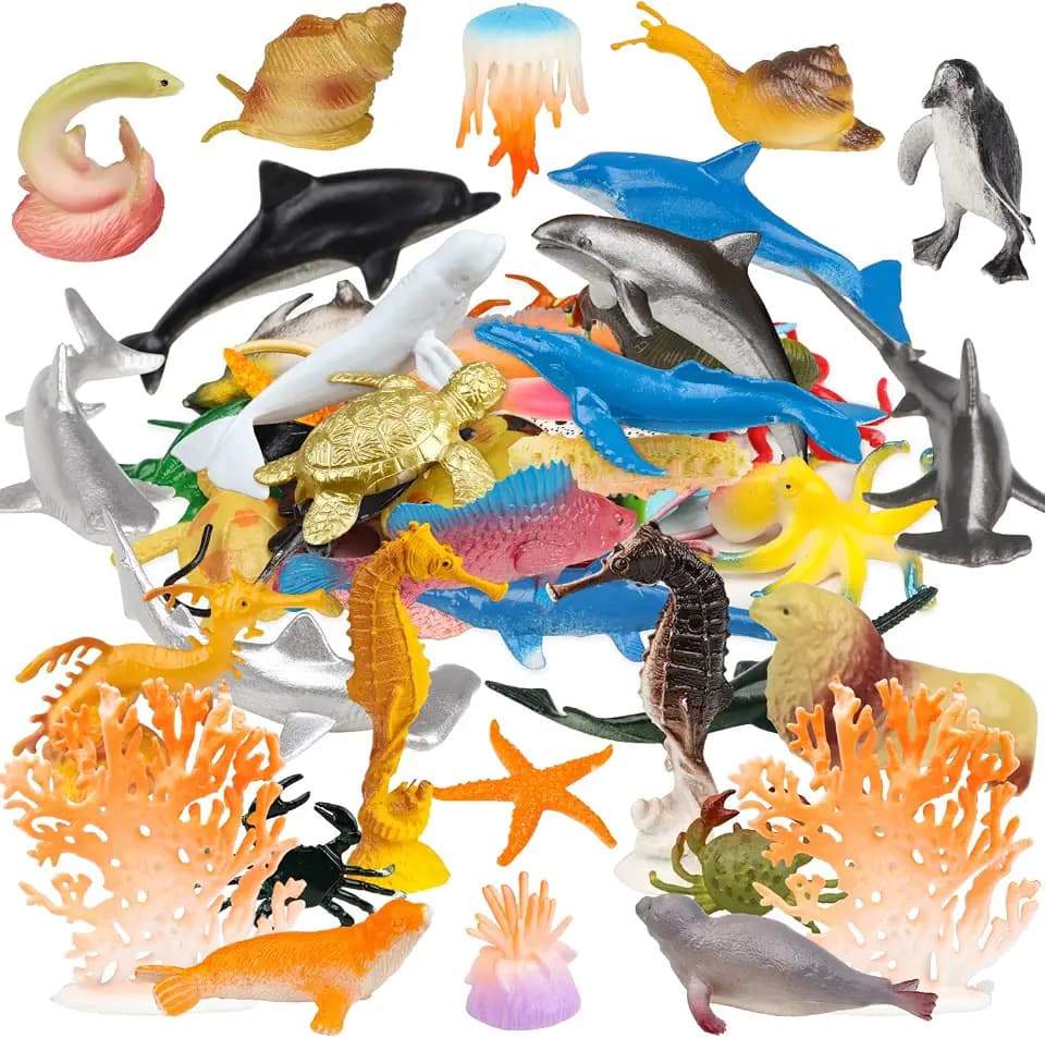 50 Pack Assorted Mini Vinyl Plastic Ocean Sea Animal Figures Toy Set, Realistic Under The Sea Life Figure Bath Gift for Child Educational Kids Party Cake Cupcake Topper