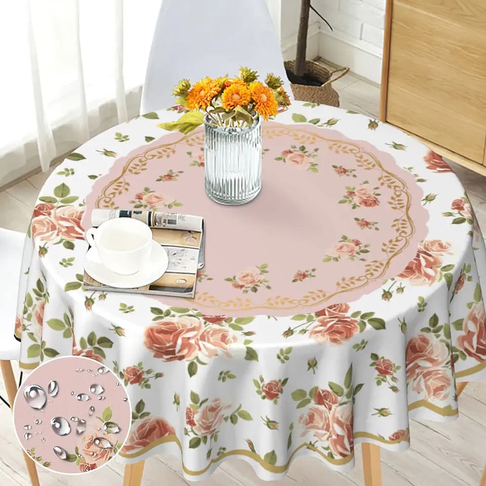 Rose Floral Round Tablecloth 60 inch Dining Kitchen Party Indoor Outdoor
