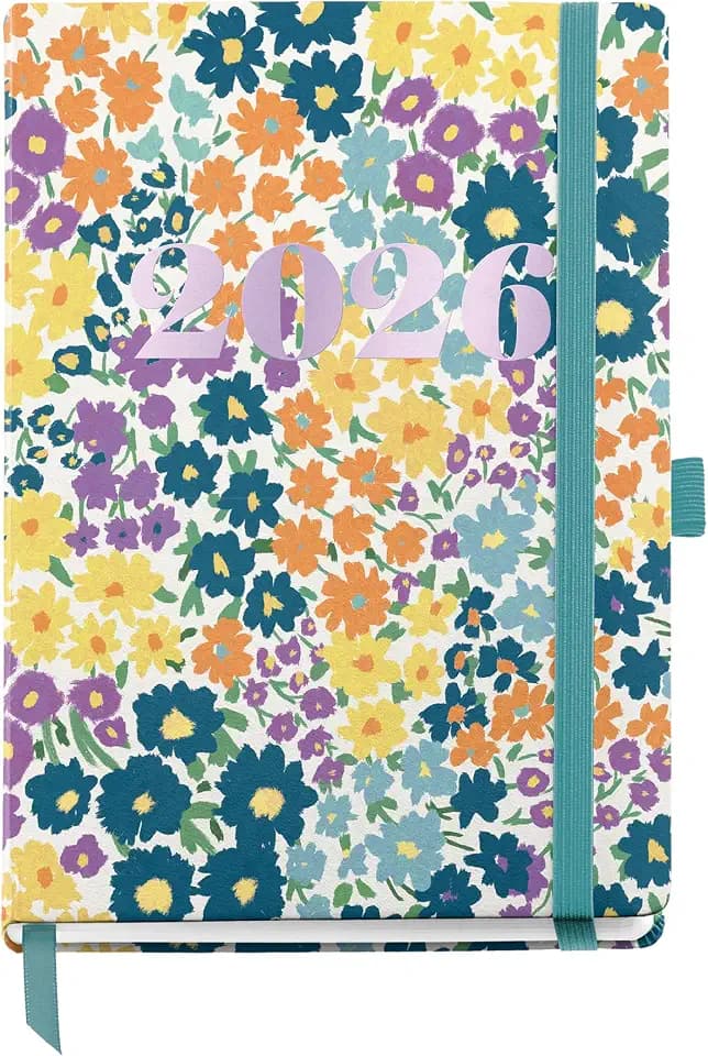 Miquelrius Tagesplaner 2026, leicht zu tragen (122 x 168 mm), Tagesplaner, fester Kartoneinband, Spiralbindung, Gummibandverschluss, Papier 80 g/m², ES-EN-PT, Blumen