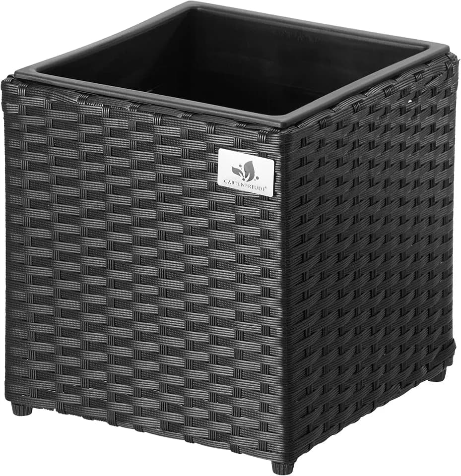 Gartenfreude Pflanzkübel Polyrattan 28 x 28 x 28 cm, für Innen und Außen, Kunststoffeinsatz, 4-Faser schwarz