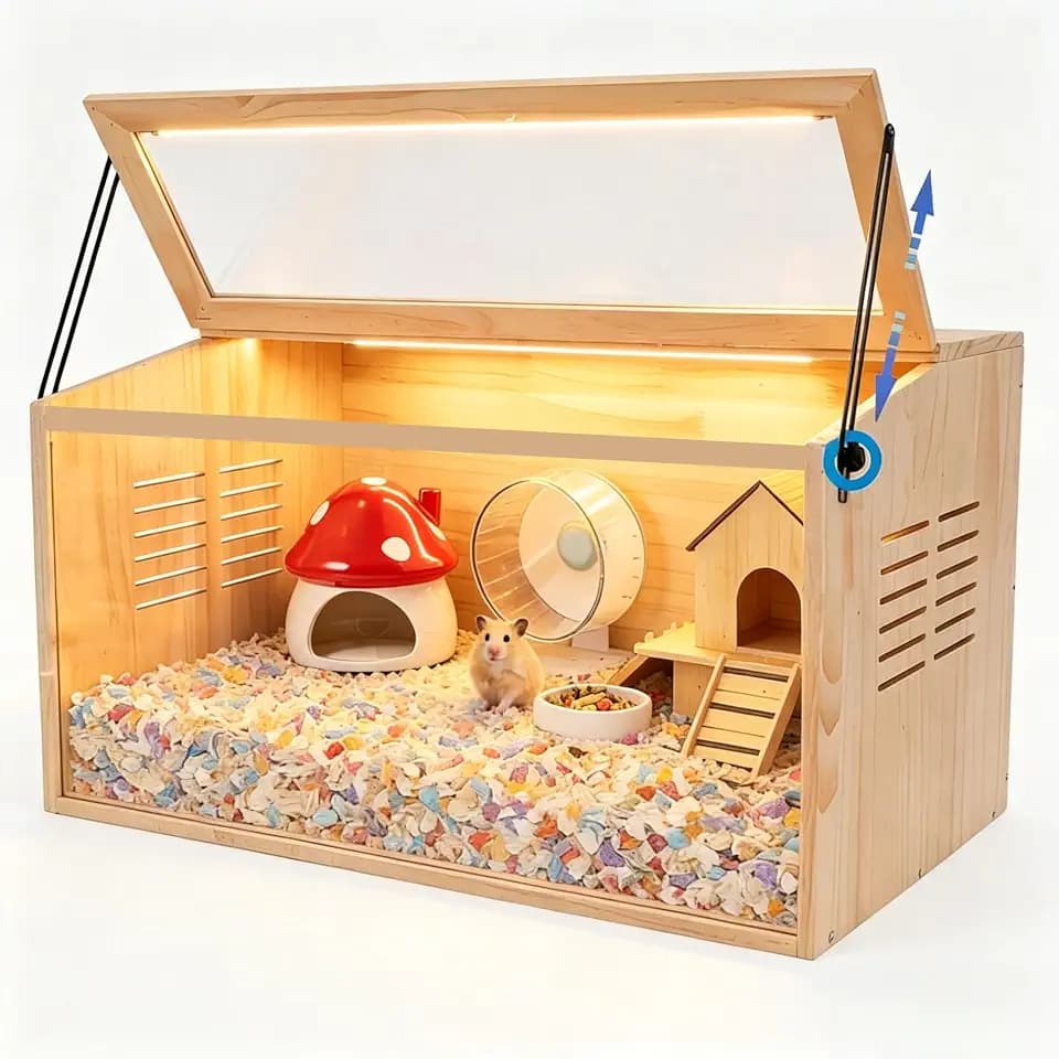 Wooden Hamster Cage,24" Lx16 Wx16 H,Animal Cabinet for Dwarf Syrian Hamsters Degus, Hamster Habitat with Openable Top and Large Acrylic Sheets.