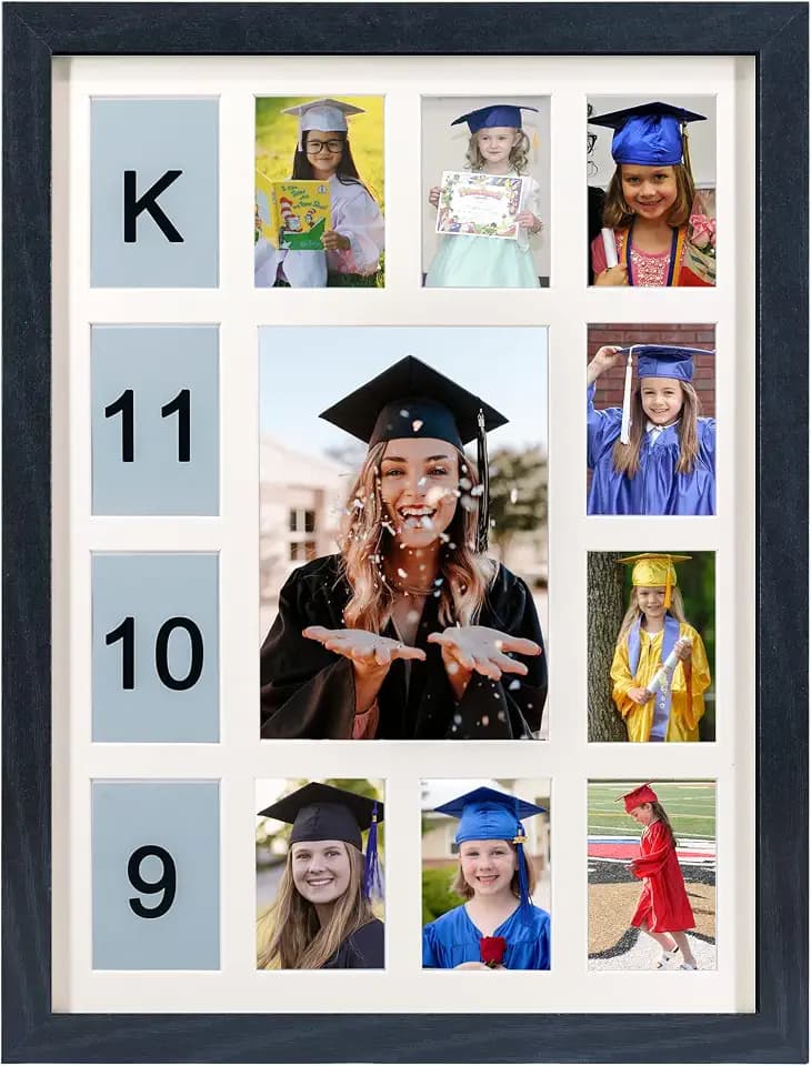 FramePro School Years Picture Frame K-12 Day Graduation Photo Collage Black Frame with Mat, Displays One 5x7 Photo and Twelve 2.5x3.5 Pictures