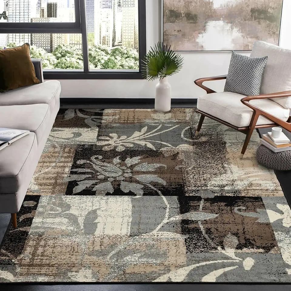 SUPERIOR Indoor Area Rug, Jute Backed, Perfect for Office, Living/Dining Room, Bedroom, Kitchen, Hallway, Entryway, Floor, Modern Floral Patchwork Decor, Pastiche Collection, 5' x 8', Beige