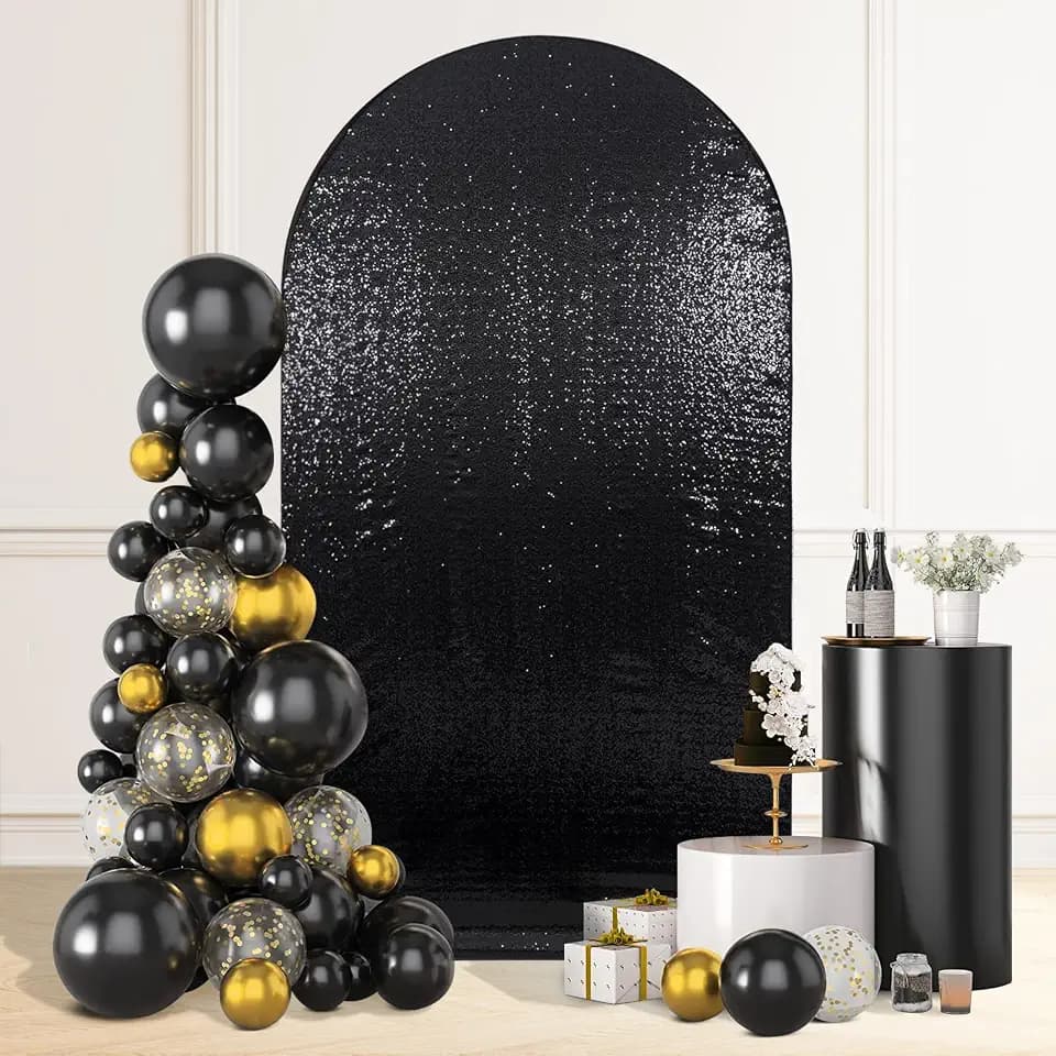 SquarePie 7.2 FT Arch Backdrop Cover, Black Bling Sequin Backdrop, Round Top Chiara Spandex Stretchy Shimmer Arch Cover for Wedding Birthday Party Banquet Decoration