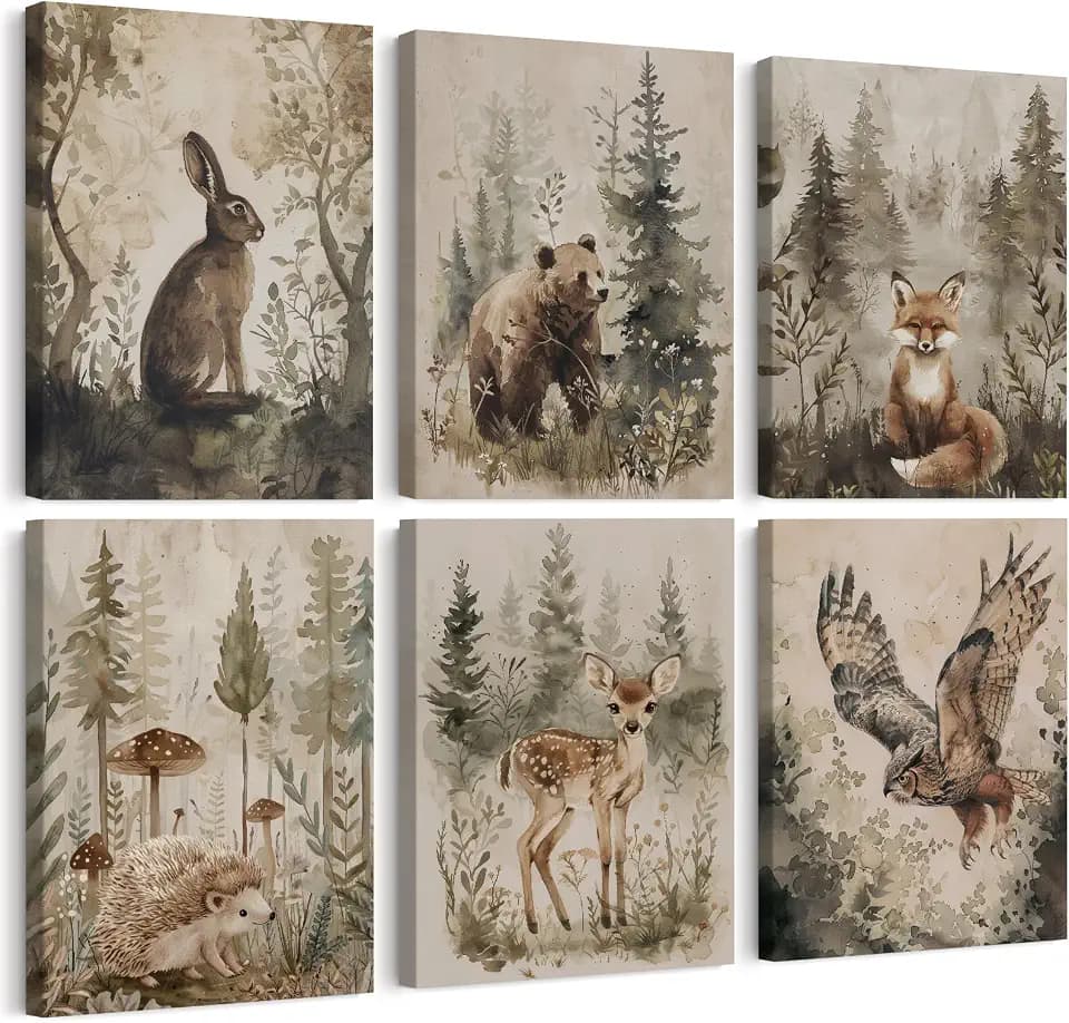 Woodland Animal Wall Art Nursery Canvas Wall Decor Forest Animal Poster Kids Baby Wall Art Watercolor Safari Prints Boys Room Posters Cottagecore Fox Pictures for Bedroom 12x16x6 Inch Ready to Hang