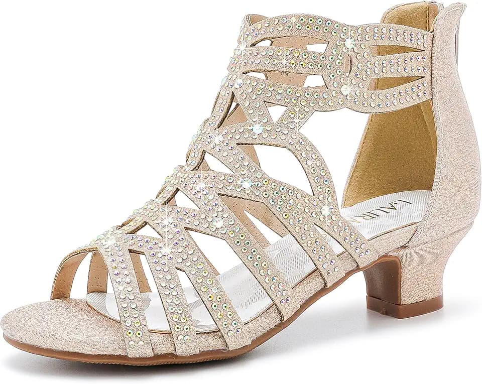 LAURMOSA Little Girls Sandals High Heels Formal Shoes Open Toe Pump Sandals Glitter Party Wedding Shoes for Big Kids Toddler