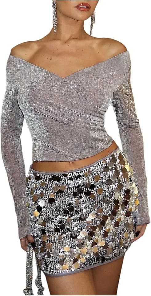 SweatyRocks Women's Sparkly 2 Piece Outfits Off The Shoulder Crop Top and Sequin Bodycon Party Mini Skirt Set