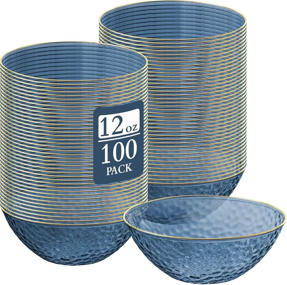 Jingmore 100 Pcs 12 oz Clear Plastic Bowls Hammered with Gold Rimmed, Heavyweight Disposable Bowl Set, Salad Dinner Bowls for Party, Wedding, Holiday, Catering (Blue)