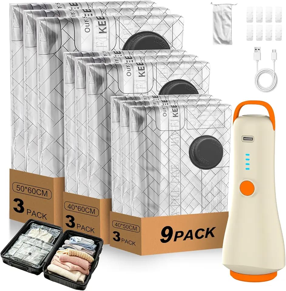 varkda Vakuumbeutel für Kleidung mit kabelloser Pumpe, 9 Stück