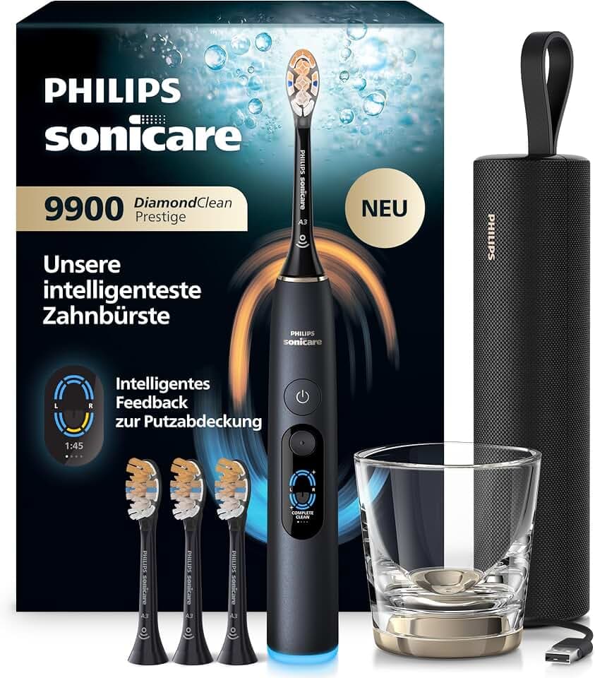 Philips Sonicare Next-Generation DiamondClean 9900 Prestige elektrische Zahnbürste - intelligentes Feedback zur Putzabdeckung, intelligente Andruckkontrolle, 24 Einstellungen, Quarzschwarz, HX9815/92