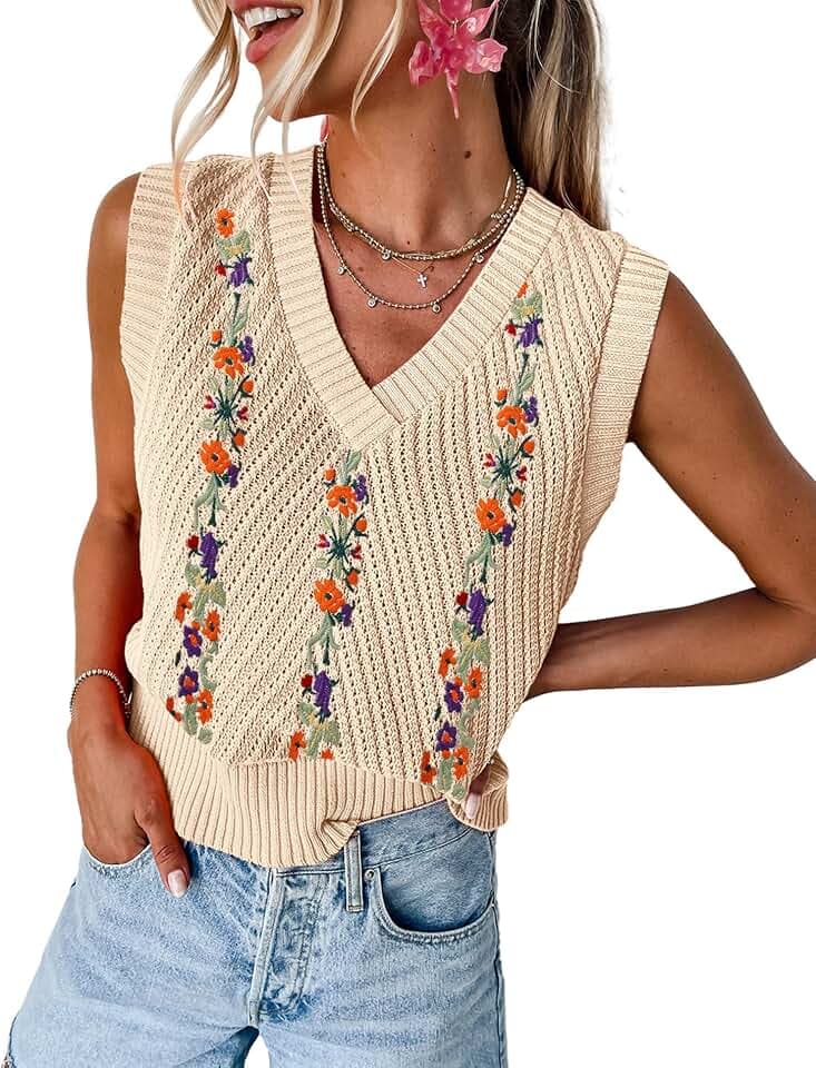 MARZXIN Women Sleeveless Sweater Vest V Neck Knitted Colorful Pullover Tops