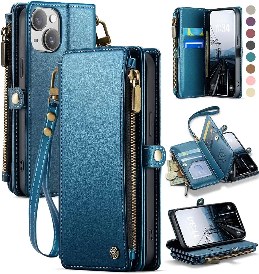 Defencase for iPhone 15 Wallet Case with RFID Blocking Card Holder, Blue