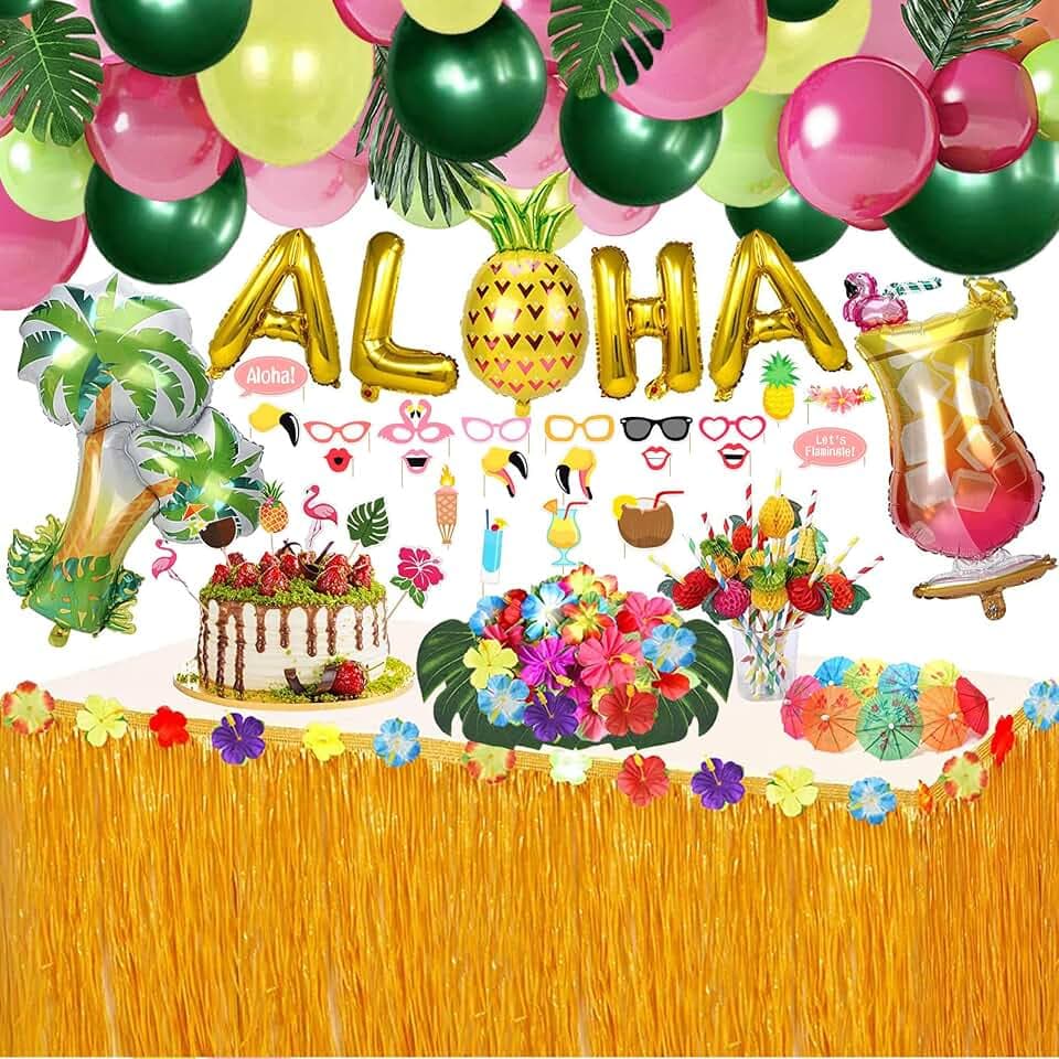 162 Stück Hawaii Party Deko Set, Hawaii Luau Tischröcke Tropical Party Dekoration, Aloha Balloons Girlande für Tropische Sommer Beach Deko