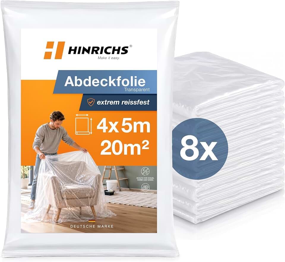 Hinrichs Abdeckfolie 8er Set à 4x5m - 160m² Malerfolie extra stark & transparent - Schutzfolie für Möbel & Böden - Maler Zubehör Plastikfolie zum abdecken - HDPE Folie mit 7my Stärke
