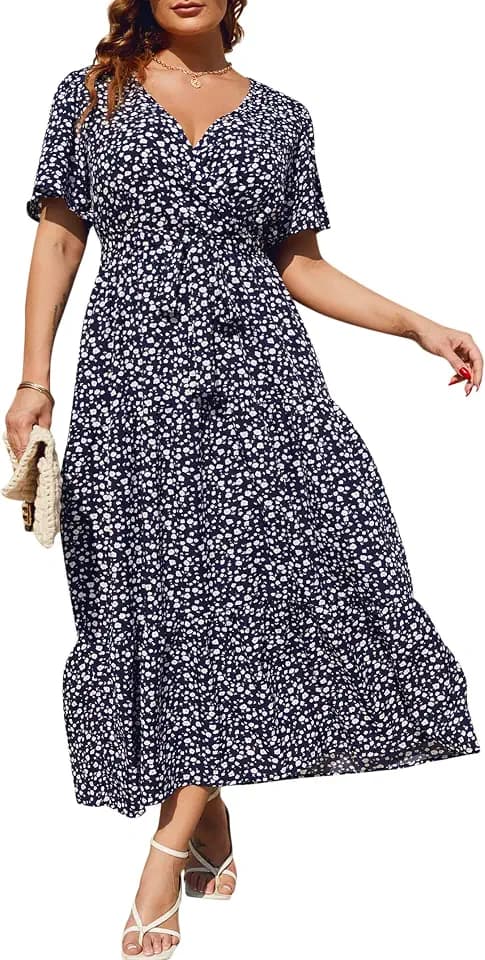 KOJOOIN Women Plus Size V Neck Wrap Maxi Dress Short Sleeves High Waist Ruffle Summer Casual Dress with Belt