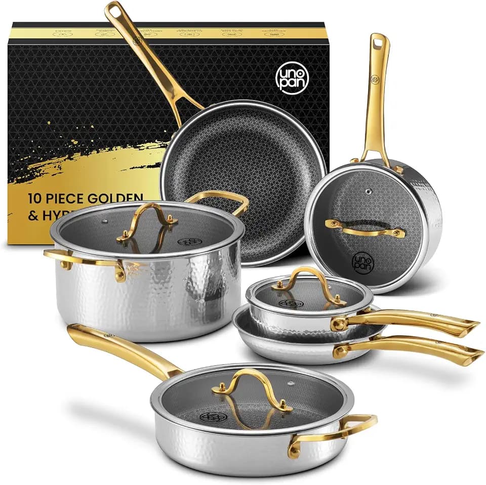 Gold Titanium Cookware set,Hammered Titanium pans for cooking with Lids