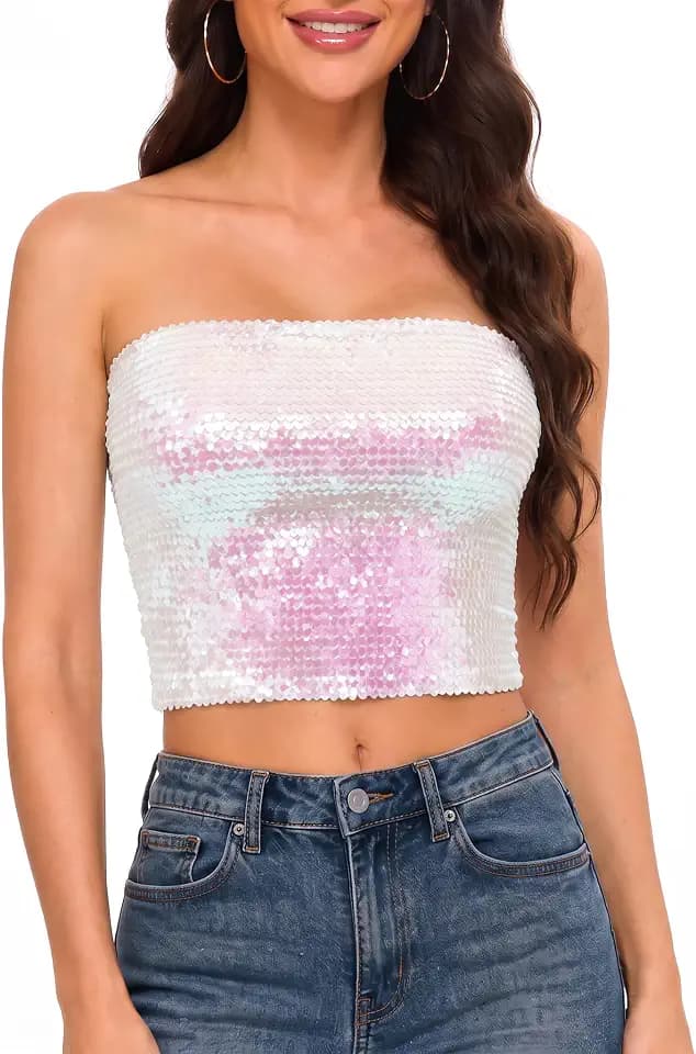 Women's Sparkly Sequin Tube Top, Strapless Stretchy Sleeveless Crop Top Metallic Clubwear for Party Night Out Halloween