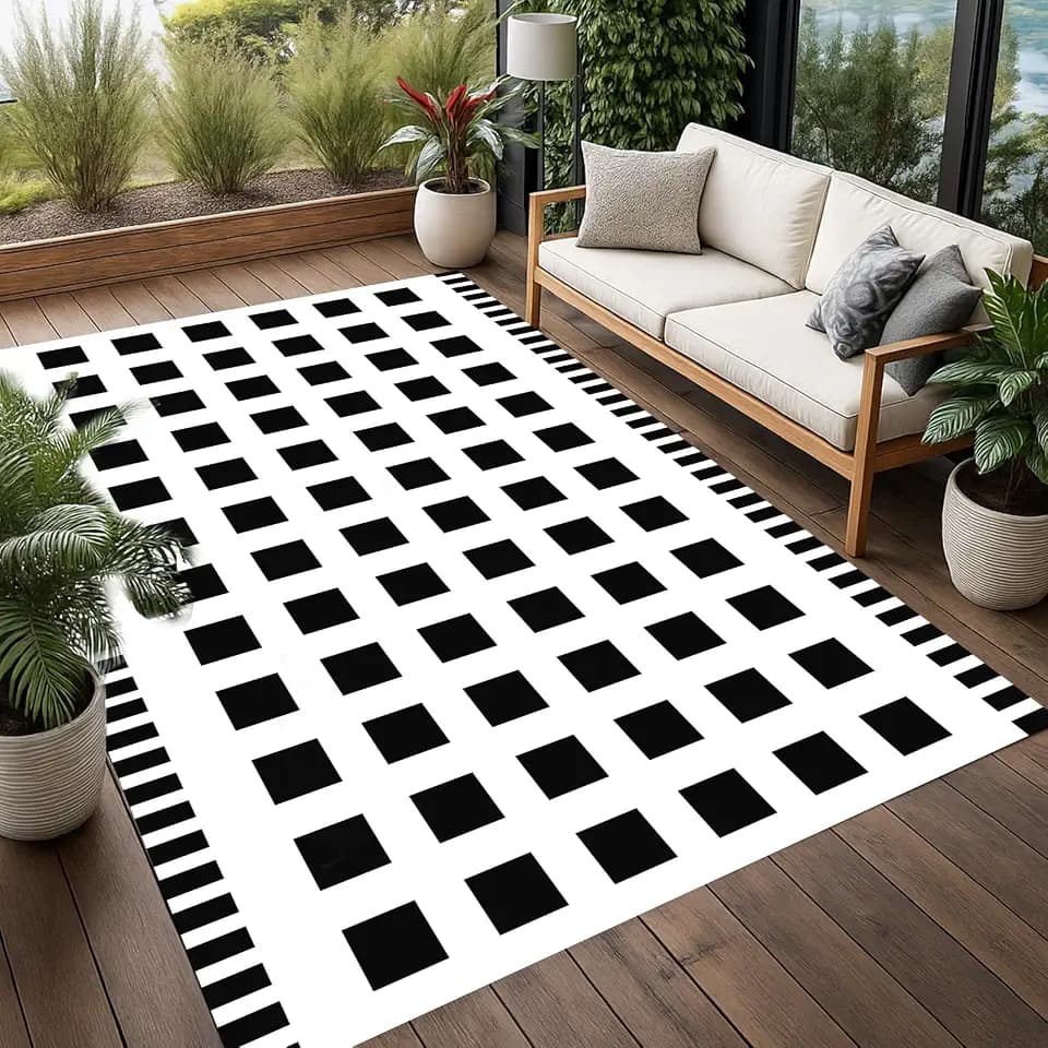 Checkered Reversible Outdoor Rug 5x8 FT Black White Patio RV Backyard