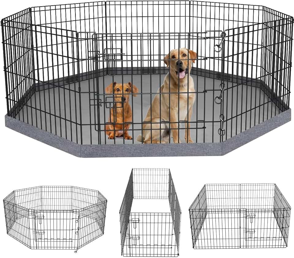 PETIME Foldable Metal Dog Exercise Pen/Pet Puppy Playpen Kennels Yard Fence Indoor/Outdoor 8 Panel 24" W x 24" H with Bottom Pad (with Bottom pad, 8 Panels 24" H)