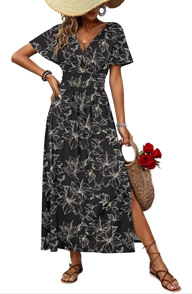 AUSELILY Maxi Dresses V Neck Flutter Sleeve Slit Summer Dress with Pockets