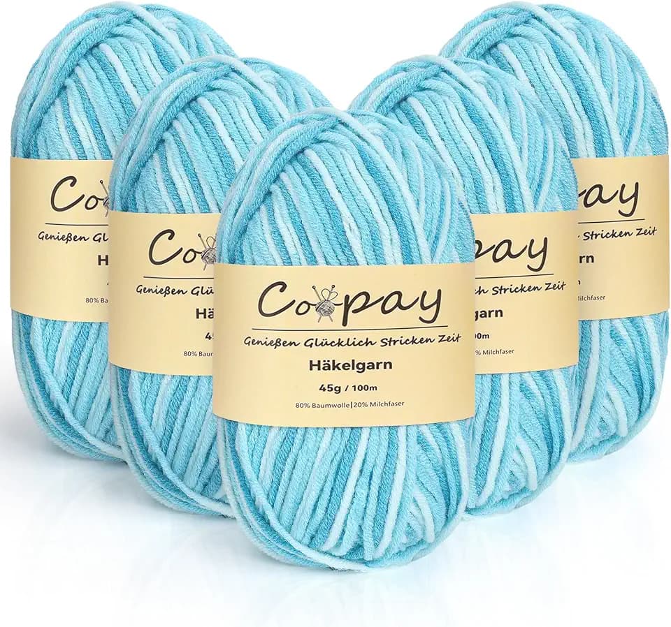 Coopay Wolle zum Häkeln, 5 x 45g Farbverlauf Häkelgarn, 5-Fädig Wolle zum Stricken, Weicher Häkelgarn Mehrfarbig, Bunt Garn zum Stricken Häkeln, Schönes Acrylgarn für Anfänger,Lake Blue