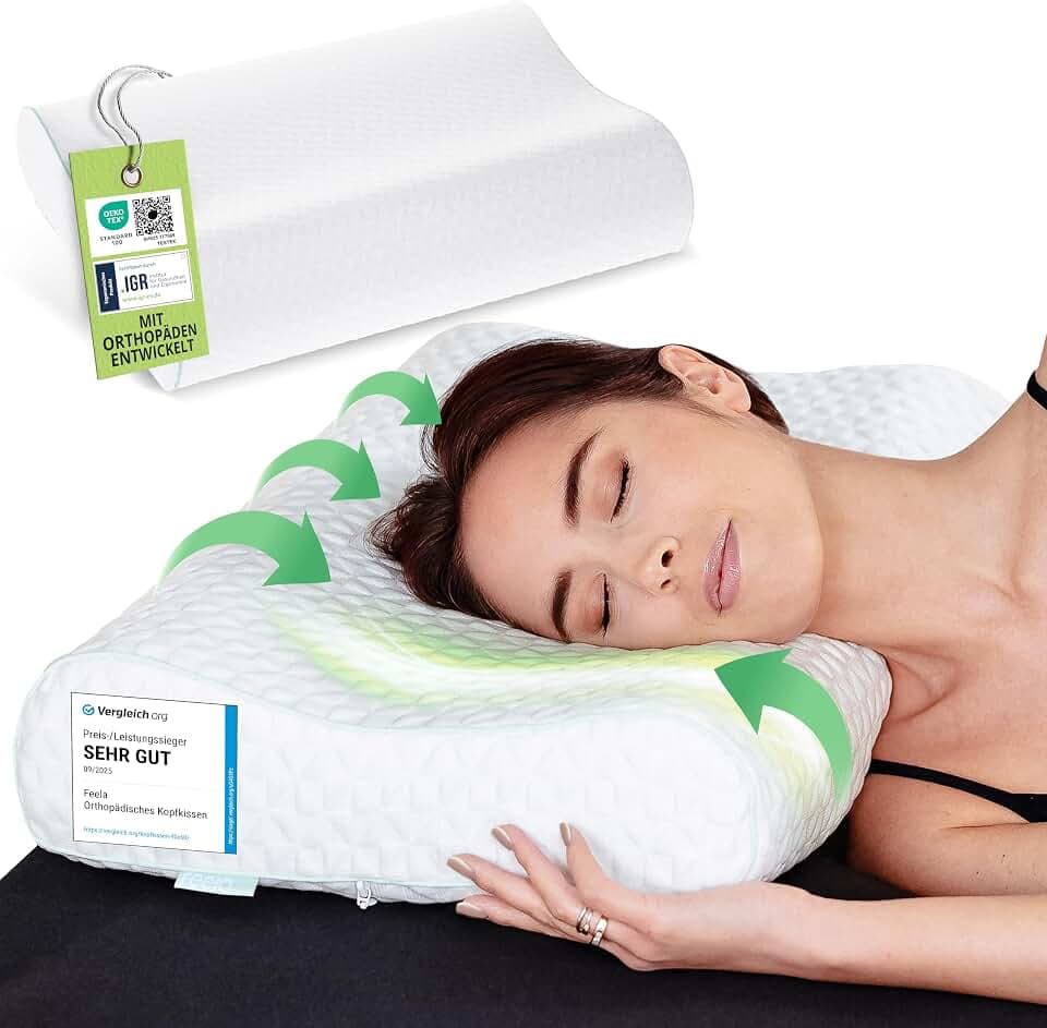 feela.® Orthopädisches Kopfkissen/Schlafkissen [3 Härtegrade] – Lindert Nacken- & Schulterschmerzen, Erhöht Schlafkomfort und Entlastet die Halswirbelsäule – Seitenschläferkissen 60x40 cm (Fest)