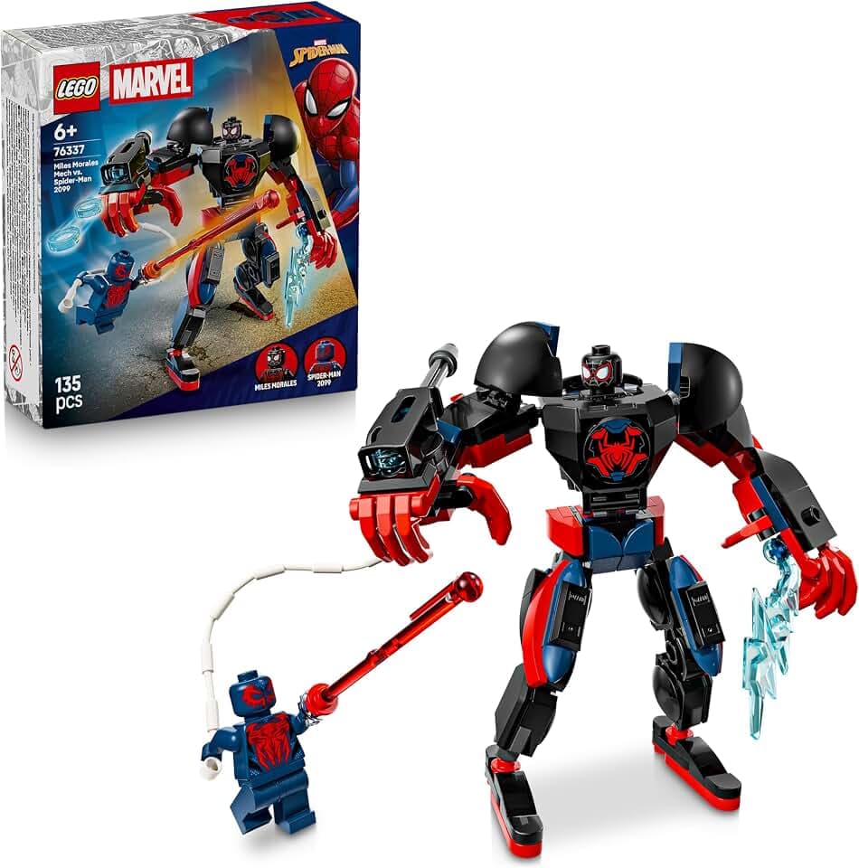 LEGO | Marvel Miles Morales Mech vs. Spider-Man 2099 - Superhelden Spielzeug mit Actionfigur und 2 Minifiguren sowie Razor-Web und Power-Blast-Elementen - Geschenk für Jungen ab 6 Jahren - 76337