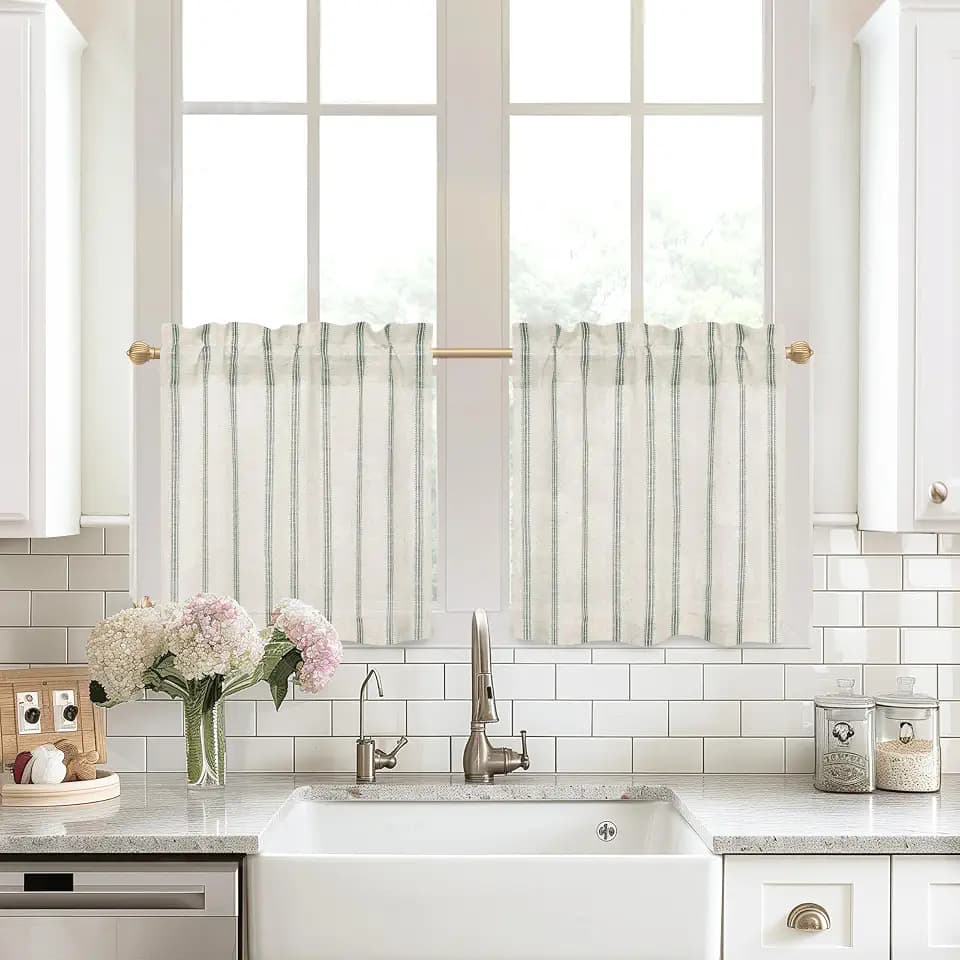 DriftAway Kitchen Tier Curtains - Striped Linen Short Pinstripe Cafe Curtains 24 Inch Length for Living Room Bathroom Chris Farmhouse Rustic Rod Pocket 2 Panels Loden Green