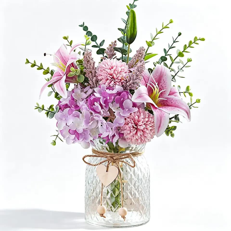 Artificial Silk Flowers with Vase, Fake Pink Lily, Hydrangea and Dandelion