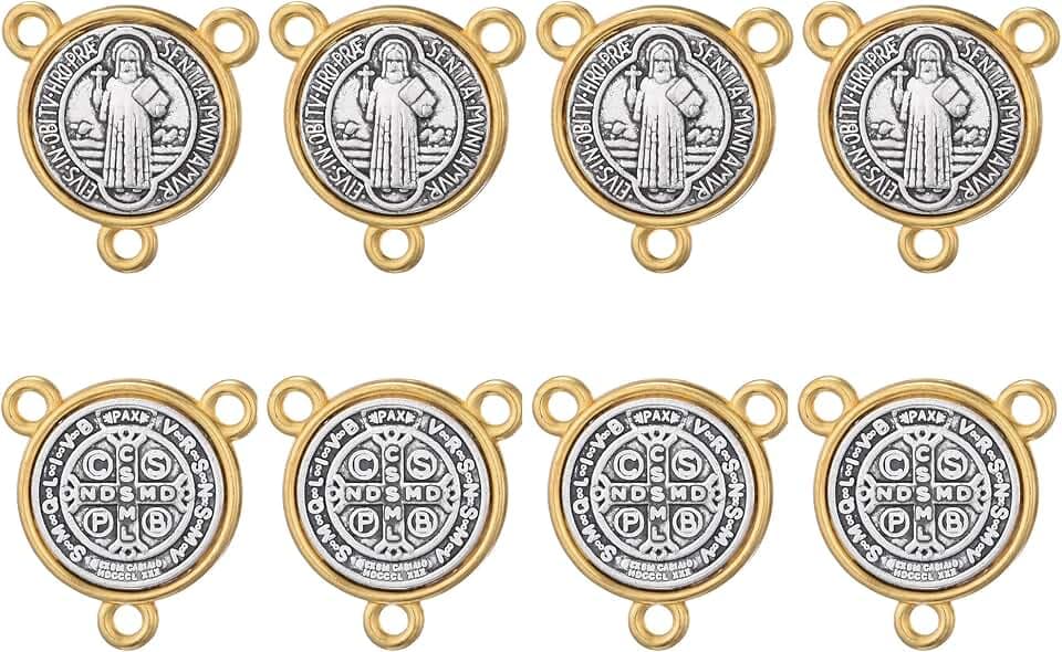 30pcs Alloy Saint St Benedict of Nursia Patron Against Evil Medal Charm 3-Hole Rosary Centre Connecting 16mm for DIY Jewelry Making (Gold)