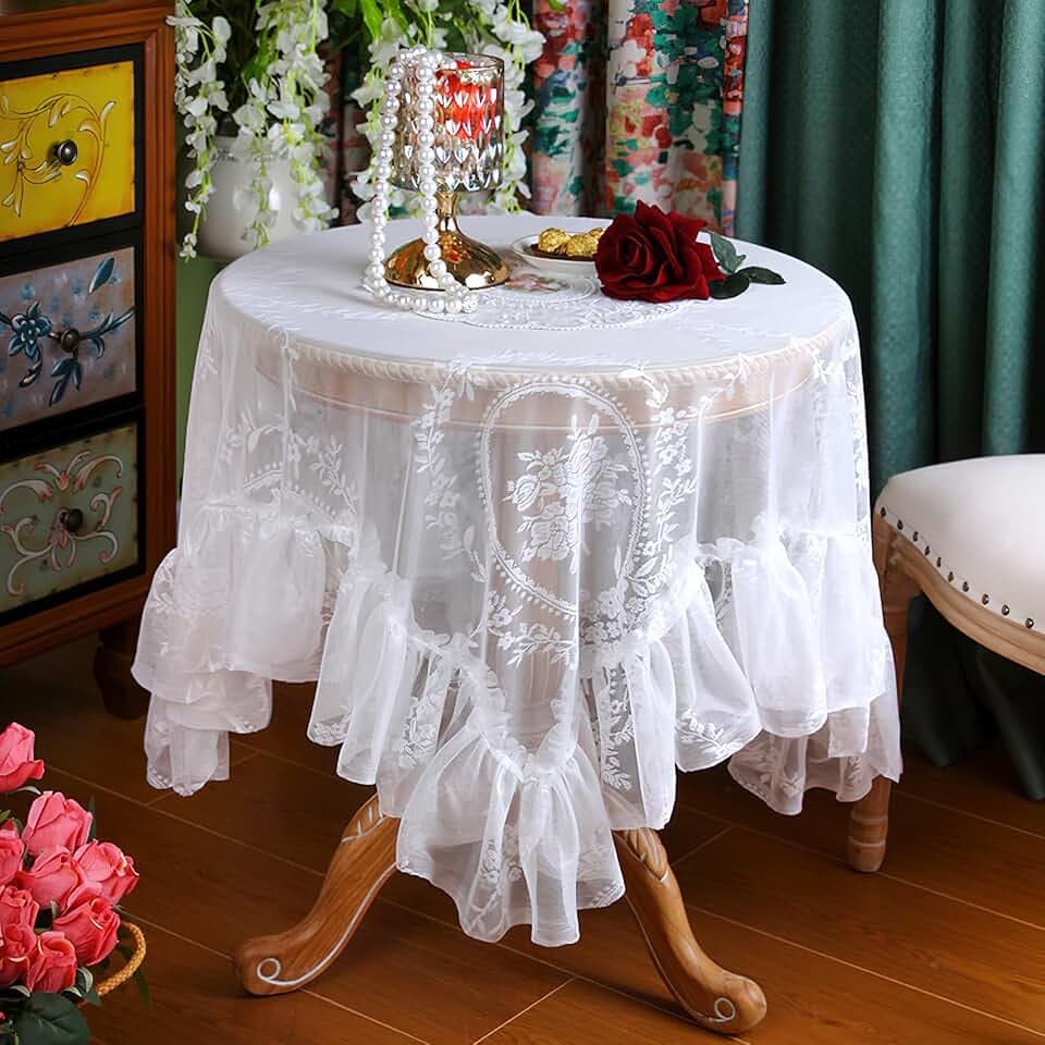 Vintage White Lace Tablecloth with Flowers, Embroidered Ruffles Table Cloth Square, French Rustic Elegant Chic Table Cover for Wedding Party Banquet, 52x52inch