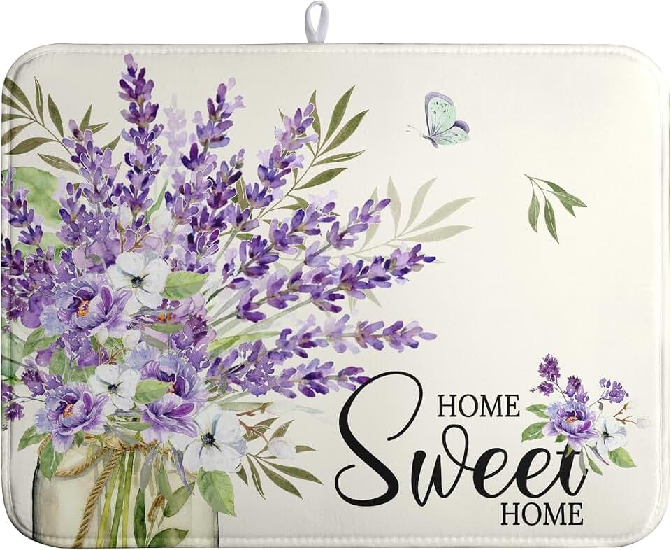 Spring Lavender Floral Dish Drying Mats Spring Summer Dish Mat Purple Flowers Butterfly Drying Matt Dishes Dryer Pad for Kitchen Counter Absorbent Microfiber Washable Foldable Reusable 18x24 in